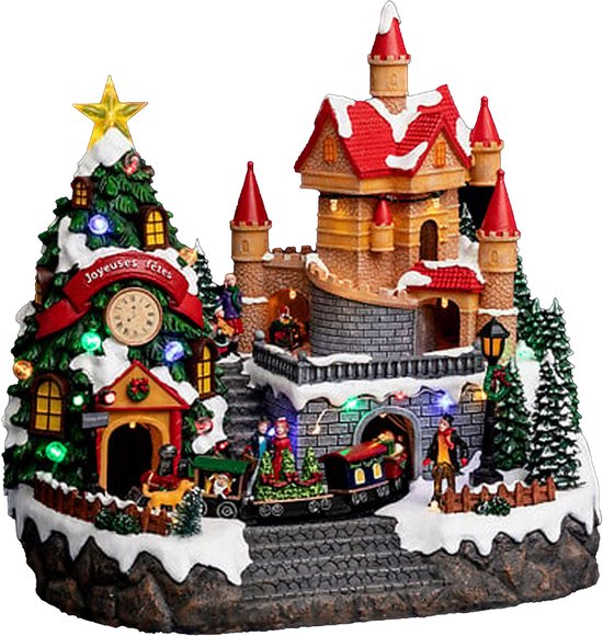 Feeric Lights & Christmas Kerstdorp tafereel - landhuis kerstman - met beweging, muziek en licht - 31 x 32,5 x 24 cm