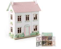 COSTWAY Poppenhuis hout, poppenhuis 3 verdiepingen met dubbelzijdige daken en deuren te openen dhz-droomhuis poppenvilla met meubels en accessoires, voor kinderen vanaf 3 jaar