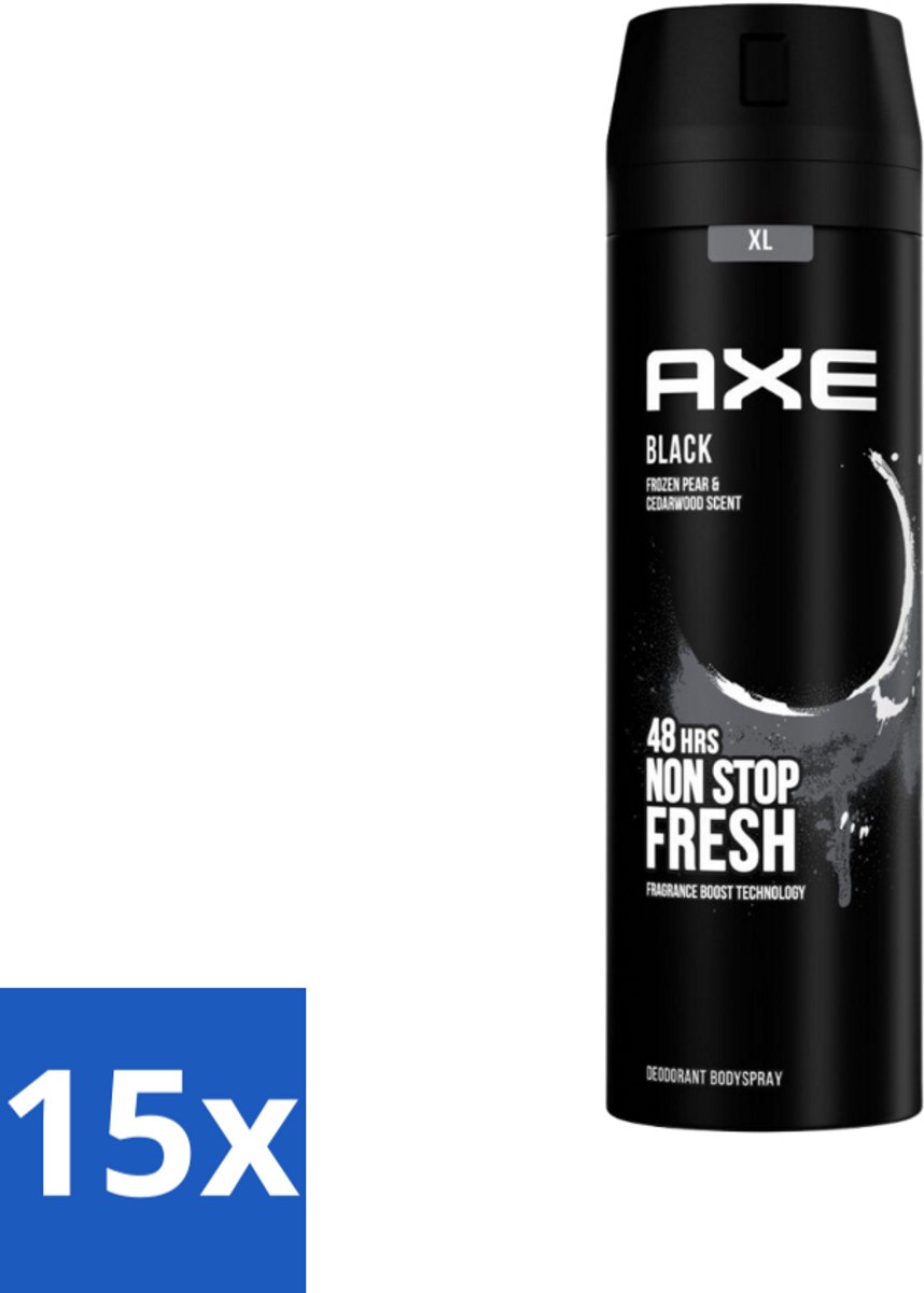 15 x Axe XL - Deodorant Bodyspray - 48hrs Fresh - Black - Frozen Pear & Cedarwood - 200 ml - Deodorant - Lichaamsgeur - Frisheid - Bevroren Peer - Cederhout