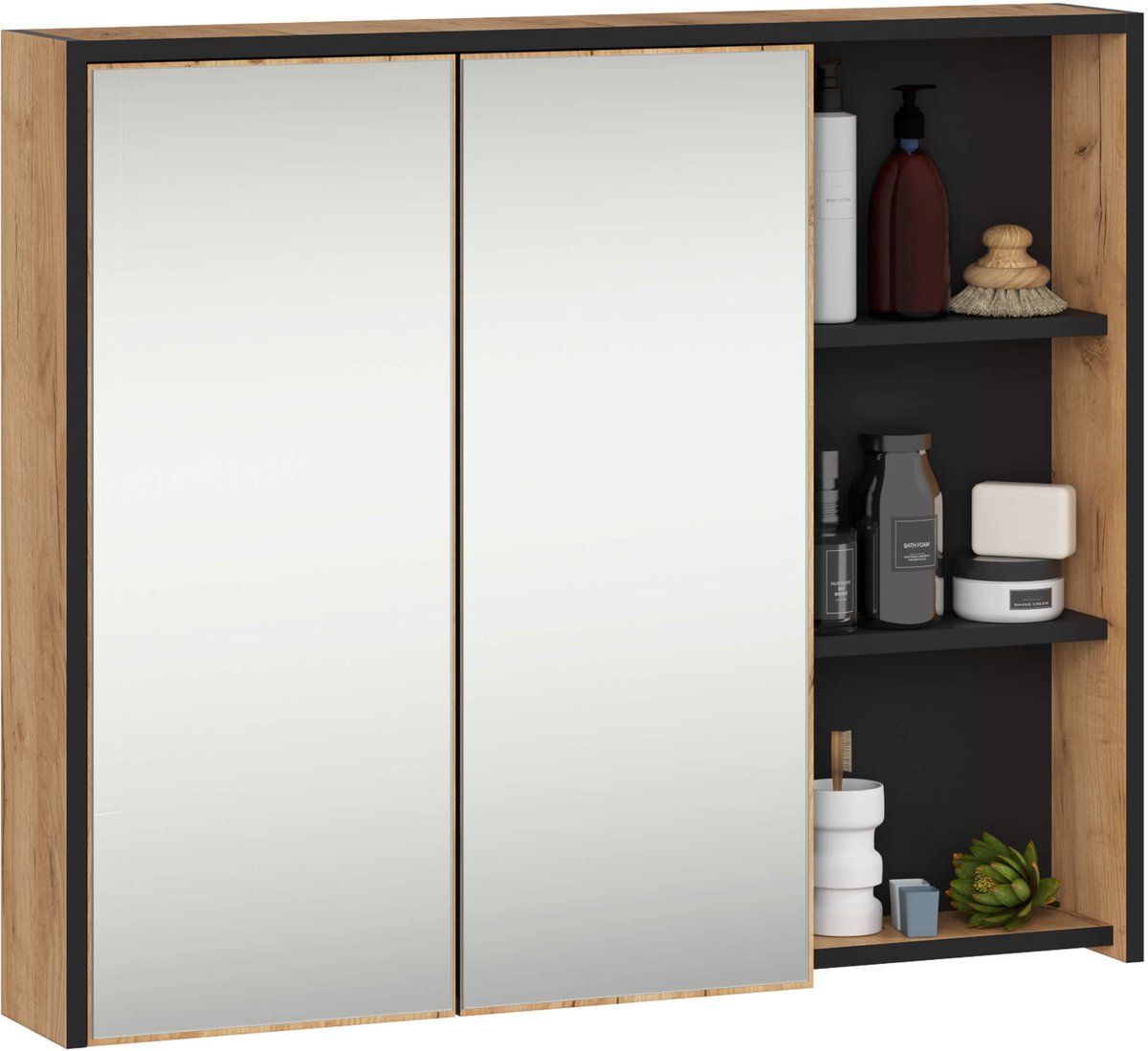 Hangende Badkamerkast Spiegelkast VAMI W90 met 2 Deuren en 6 Planken en Spiegel / Craft Eik - Zwart / AKORD Furniture Factory / 90x15x75 cm