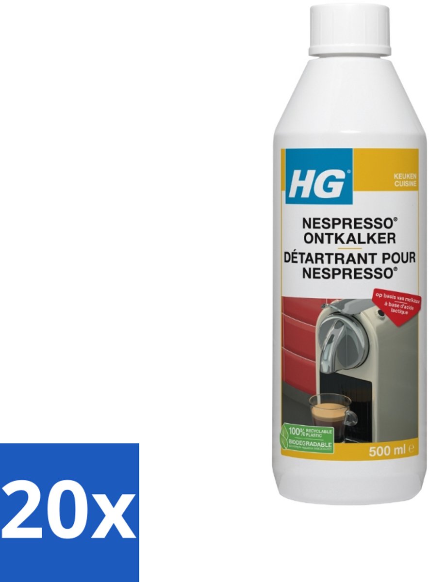 20 x HG - Nespresso Ontkalker - Op Basis Van Melkzuur - 4 tot 5 Reinigingsbeurten - 500 ml - Voordeelverpakking - 20 stuks
