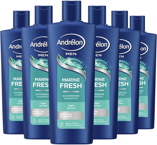 Zes flessen Andrélon Men Marine Fresh shampoo met een blauwe dop en een groen-witte opdruk.