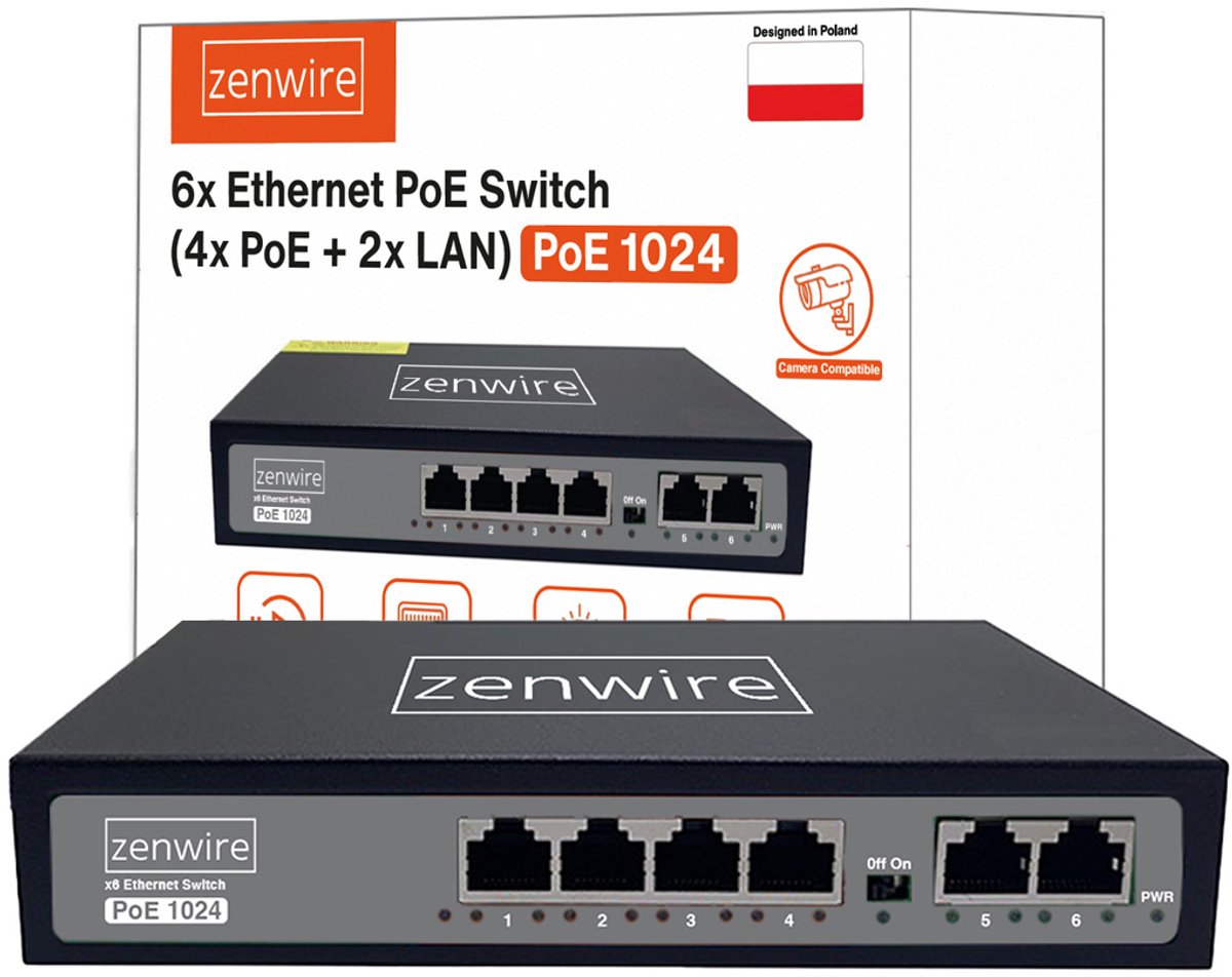 Zenwire 1024 - Switch PoE Fast Ethernet - 4x PoE-poorten - 2x Uplink-poorten - 60W - automatische herstart - bandbreedte 1,6 Gbps - Plug & Play - Netwerk - Netwerkswitch - Unmanaged