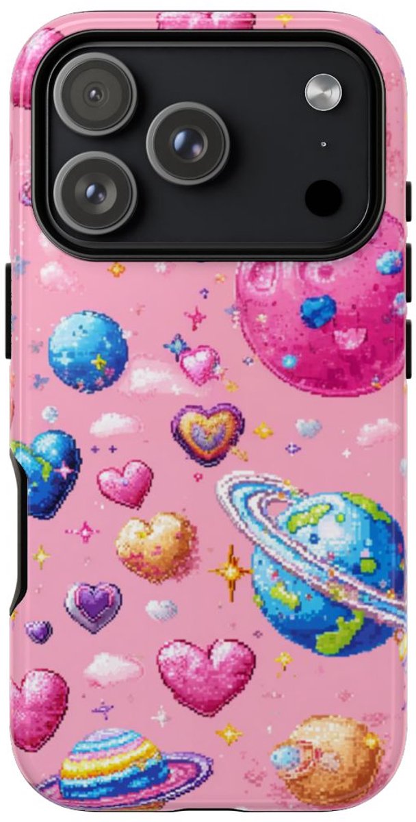 Pixel Art Harten en Planeten Patroon – Telefoonhoesje Geschikt voor iPhone 17 Pro