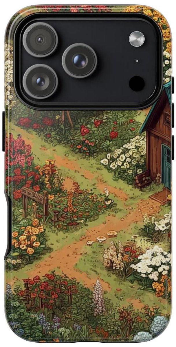 Kleurrijke Bloementuin met Huisje – Telefoonhoesje Geschikt voor iPhone 17 Pro