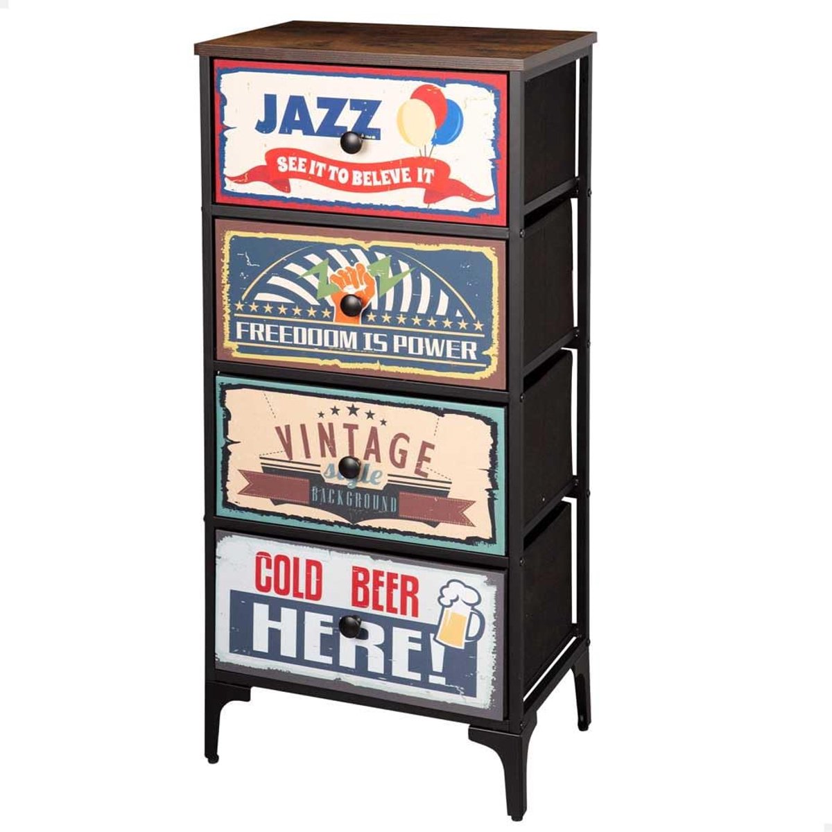 Azomor® Stijlvolle vintage ladekast met vier stoffen lades en stalen frame