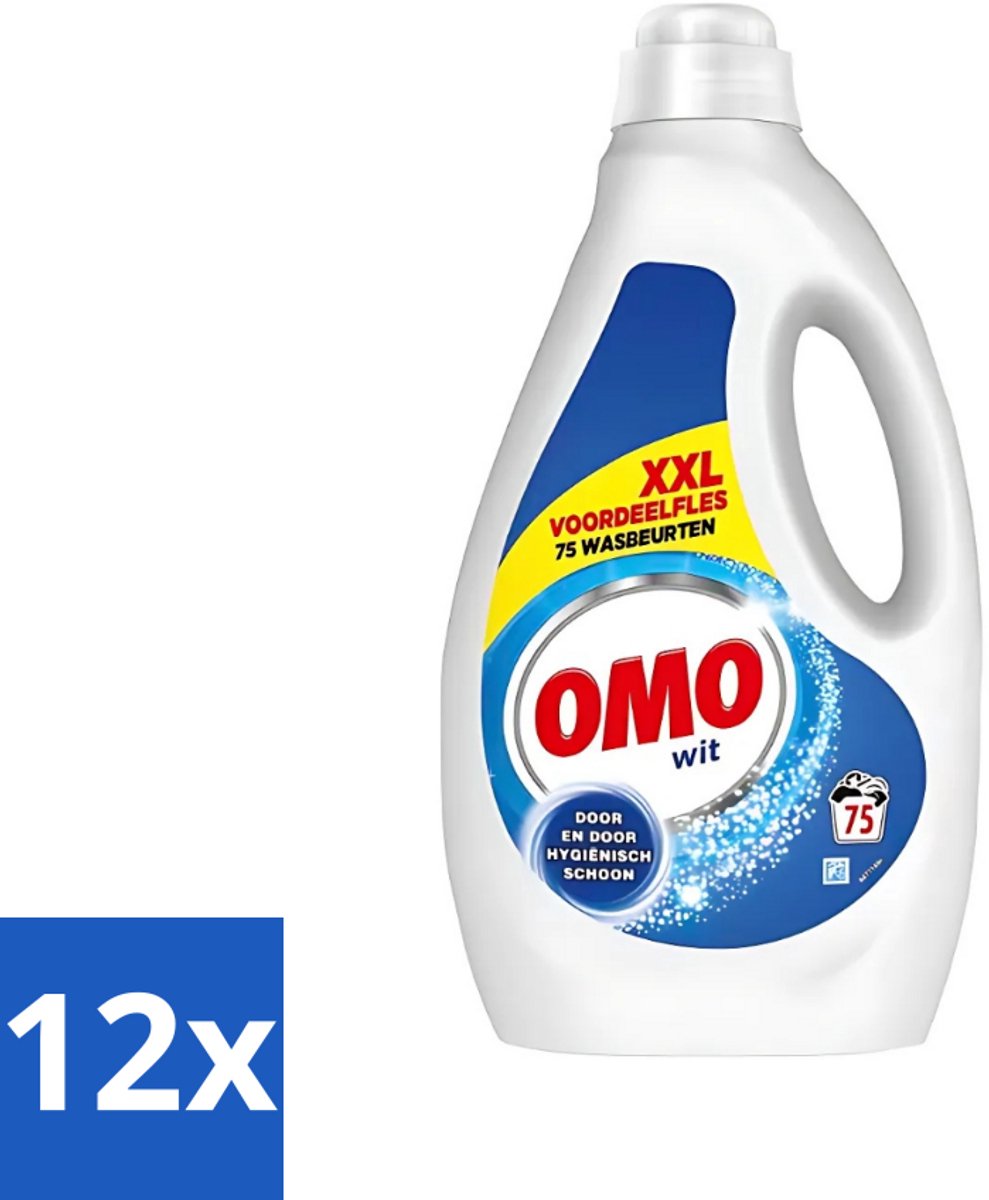 12 x Omo - Vloeibaar Wasmiddel - Wit - Hygiënisch schoon - 75 Wasbeurten - Wasmiddel Wit - Waskrachtversterkers - Hygiënisch Schoon - Witte Was - Vlekken Verwijderen