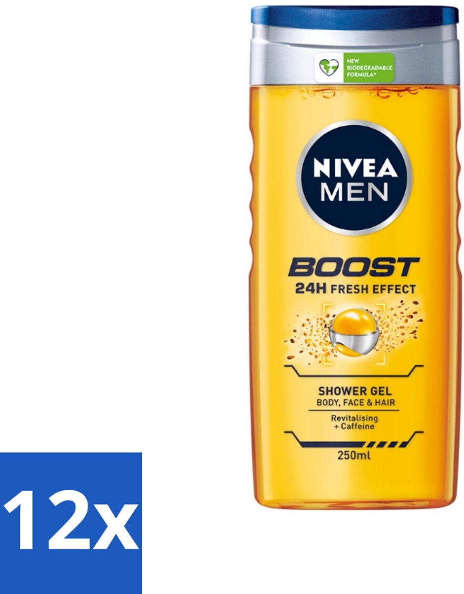 12 x NIVEA Men Boost Douchegel 250 ml - Douchegel - Cafeïne - Energieboost - Fris Effect - Verfrissend