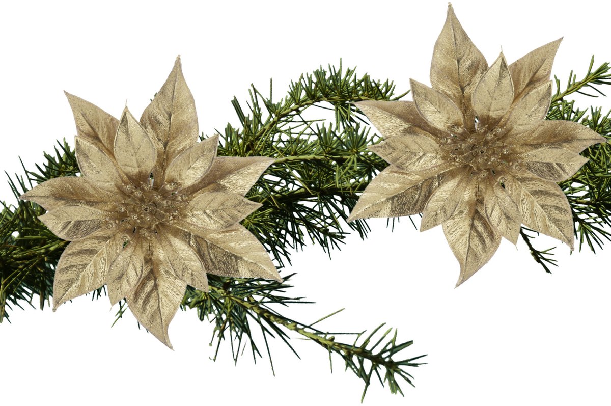 Cosy&Trendy Cosy & Trendy Decoratie bloem - 2x stuks - kerstster - op clip - goud - glitter -18 cm - kunststof - kerstversiering Goudkleurig