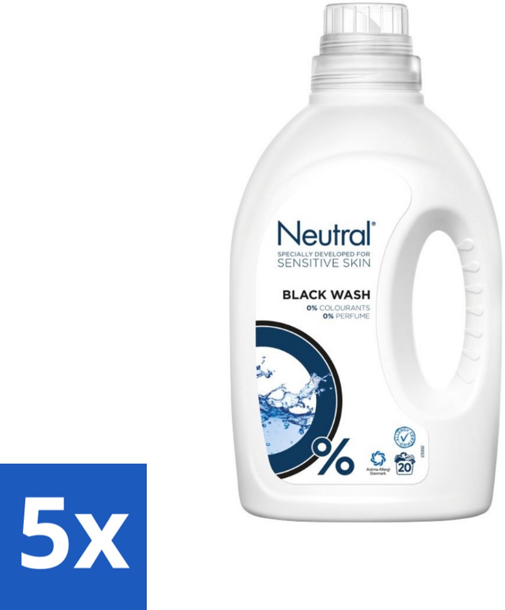 5 x Neutral Vloeibaar Wasmiddel Zwart 20 Wasbeurten 1 liter - Donker Was - Zwart Was - Parfumvrij Wasmiddel - Gevoelige Huid - Hypoallergeen Wasmiddel