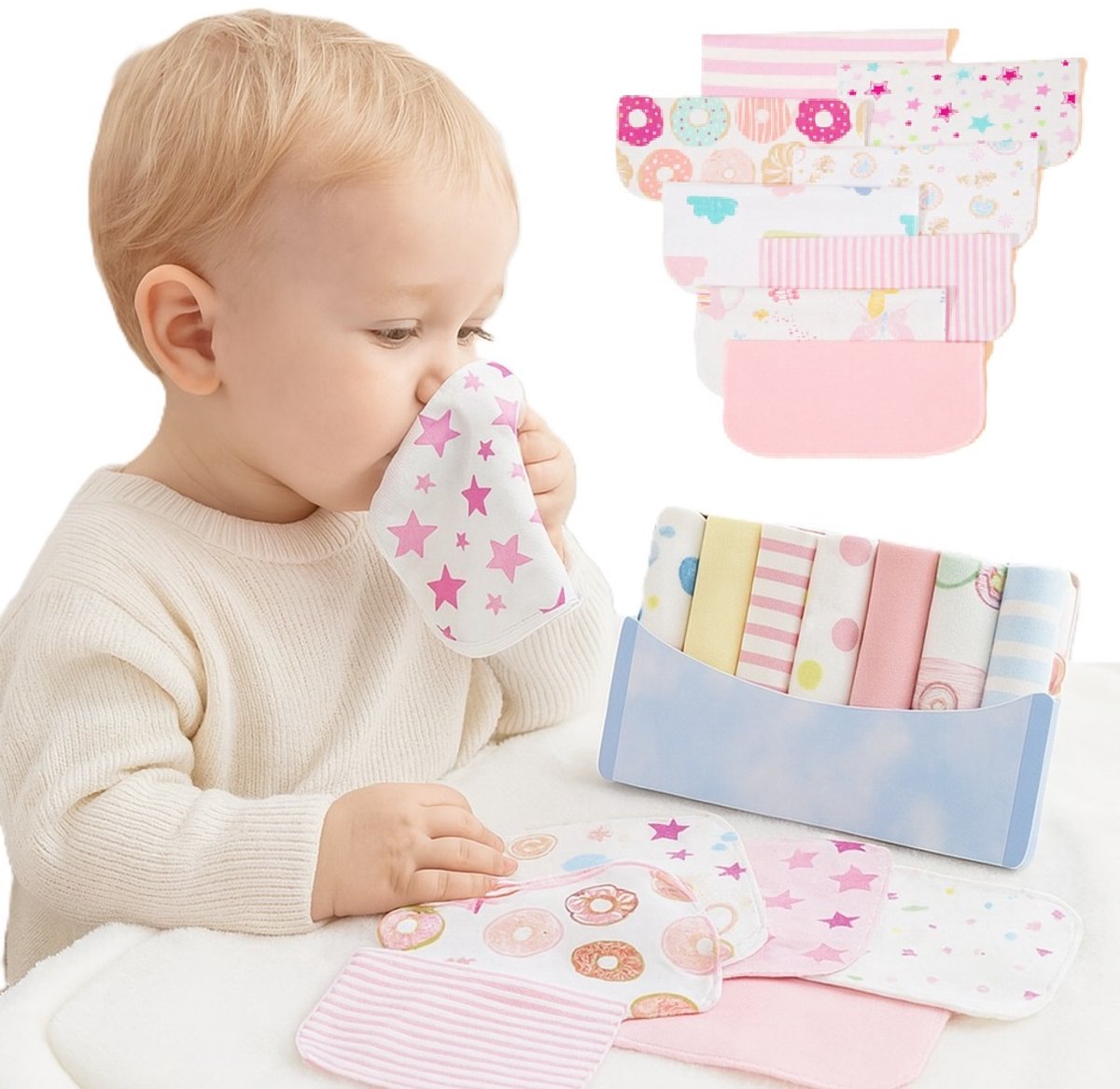 Image of 8 stuks baby washandjes – 21×21 cm – Extra zacht & absorberend – Pink Rainbow design – >95% katoen – Machinewasbaar – Perfect kraamcadeau – Voor pasgeborenen & baby’s