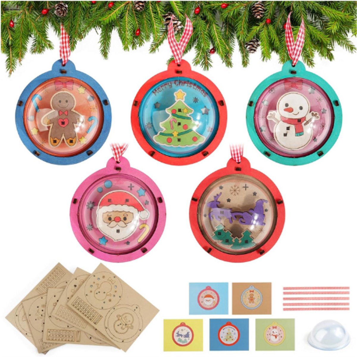 BOG Houten Kerstballen Set - 5 Stuks Houten Kersthangers - DIY Kerstboom Decoratie - Houten Ornamenten Voor Knutselprojecten - Feestelijke Kerstdecoratie Voor Thuis VEELKLEURIG