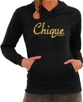 Chique glitter goud tekst hoodie zwart dames- zwarte fun sweater/trui met capuchon S