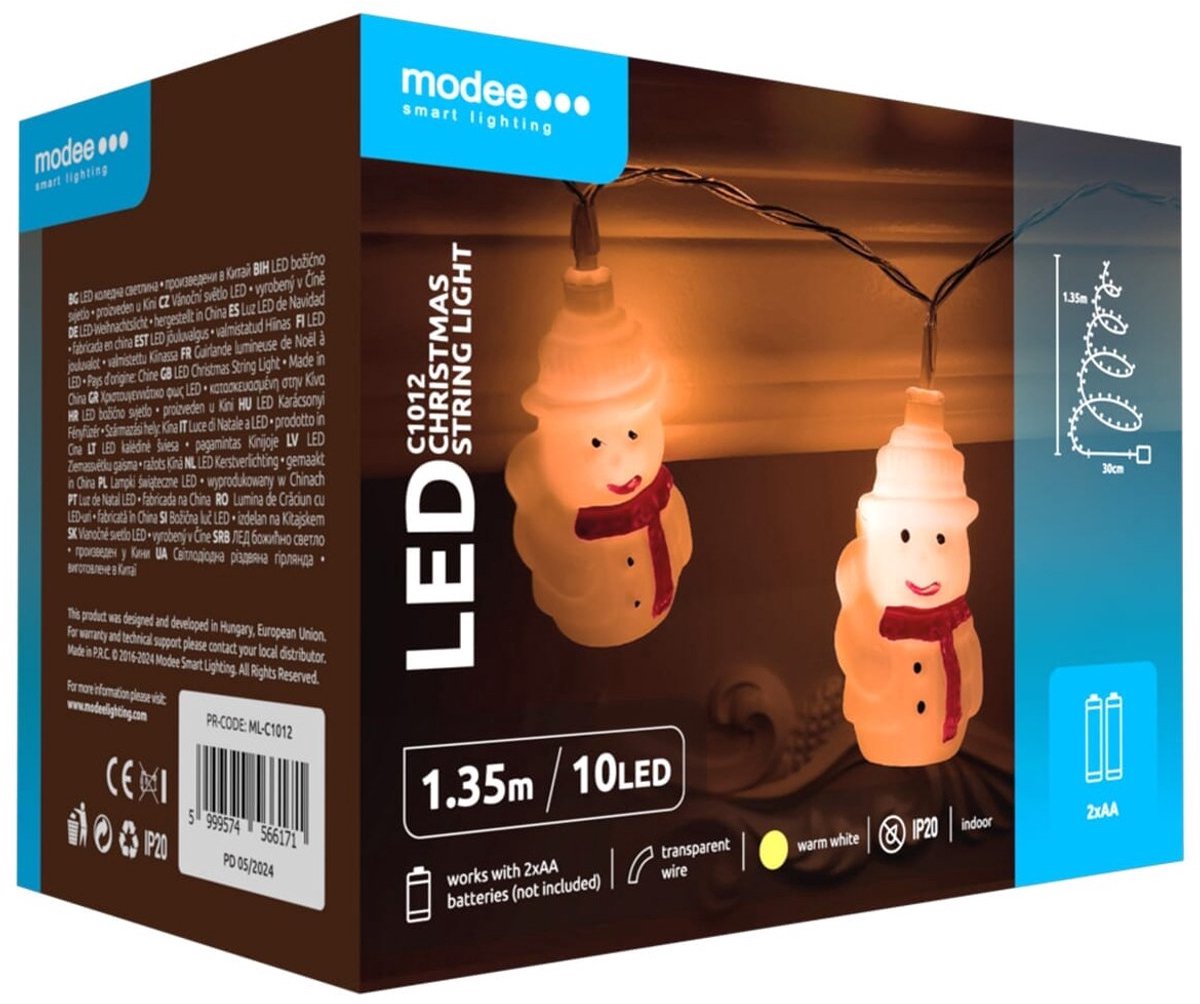 Modee Lichtsnoer Kerst Sneeuwmannen 1.35 Meter - Kerstverlichting voor Binnen - Inclusief 2xAA Batterijen - 10 LED Lampjes IP20 - 2700K - Warm Wit Licht - 5 stuks