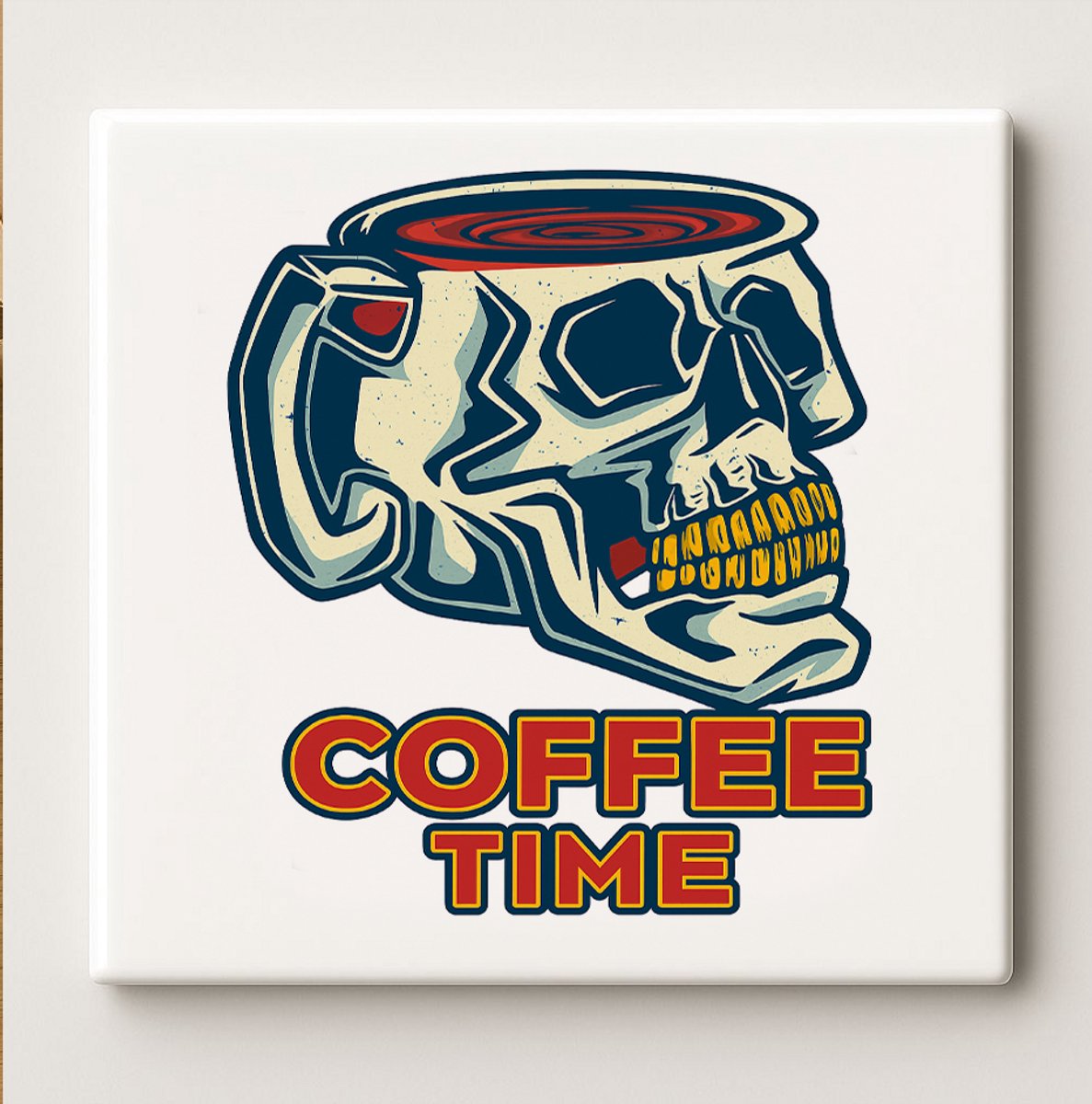 Coffee Time Schedel Tegel 15x15cm – Gotische Koffieliefhebber Wanddecoratie, Unieke Donker