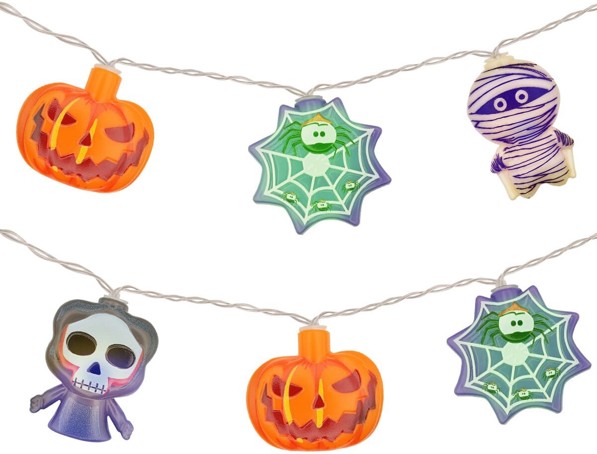 Halloween Lichtsnoer Gekleurd - 6 Meter - 40 LED Lampjes - Pompoen, Magere Hein, Mummie, Spin - Inclusief Batterijen - Gekleurd Licht