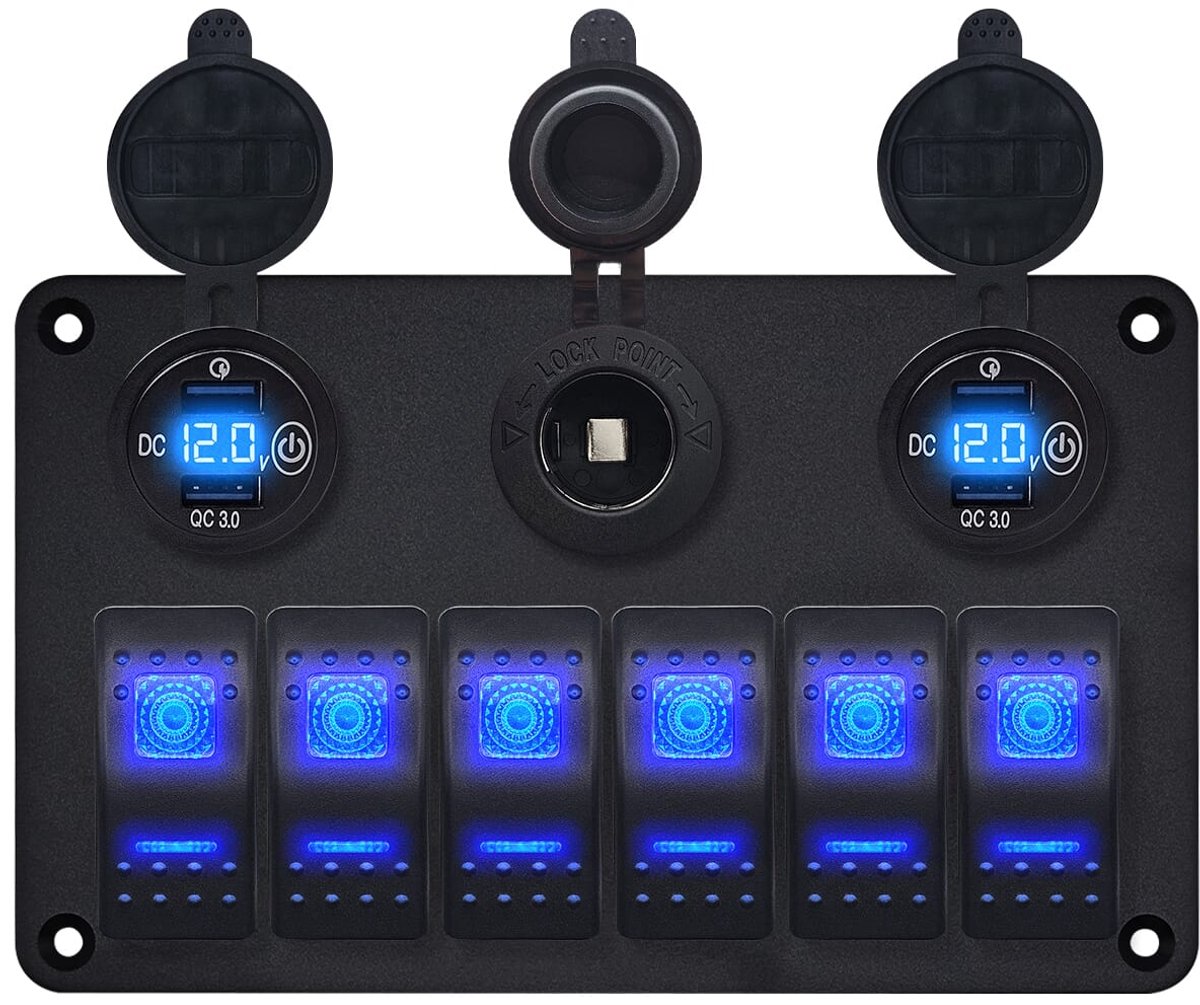 ProRide Schakelpaneel 12V voor Auto/Boot - USB Stopcontact 4 Poorten met Schakelaar en Voltmeter - QC3.0 - 6 schakelaars + 12V/24V stopcontact - Blauw