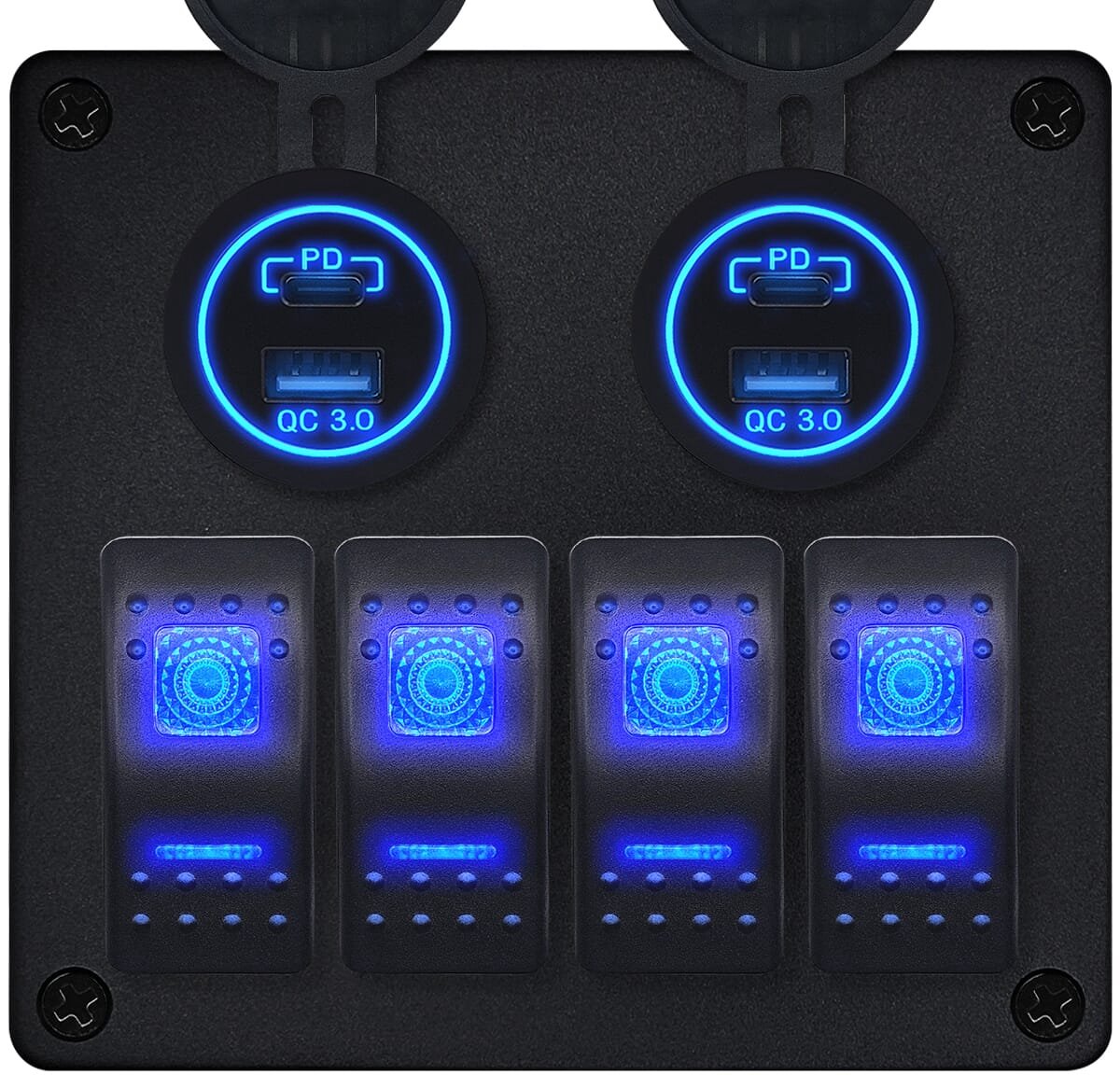 ProRide Schakelpaneel 12V voor Auto/Boot - USB/USB C Stopcontact 4 Poorten - QC3.0 - 4 schakelaars - Blauw