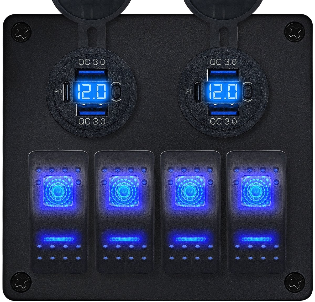 ProRide Schakelpaneel 12V voor Auto/Boot - USB C Stopcontact 6 Poorten met Schakelaar/Voltmeter - QC3.0 - 4 schakelaars - Blauw