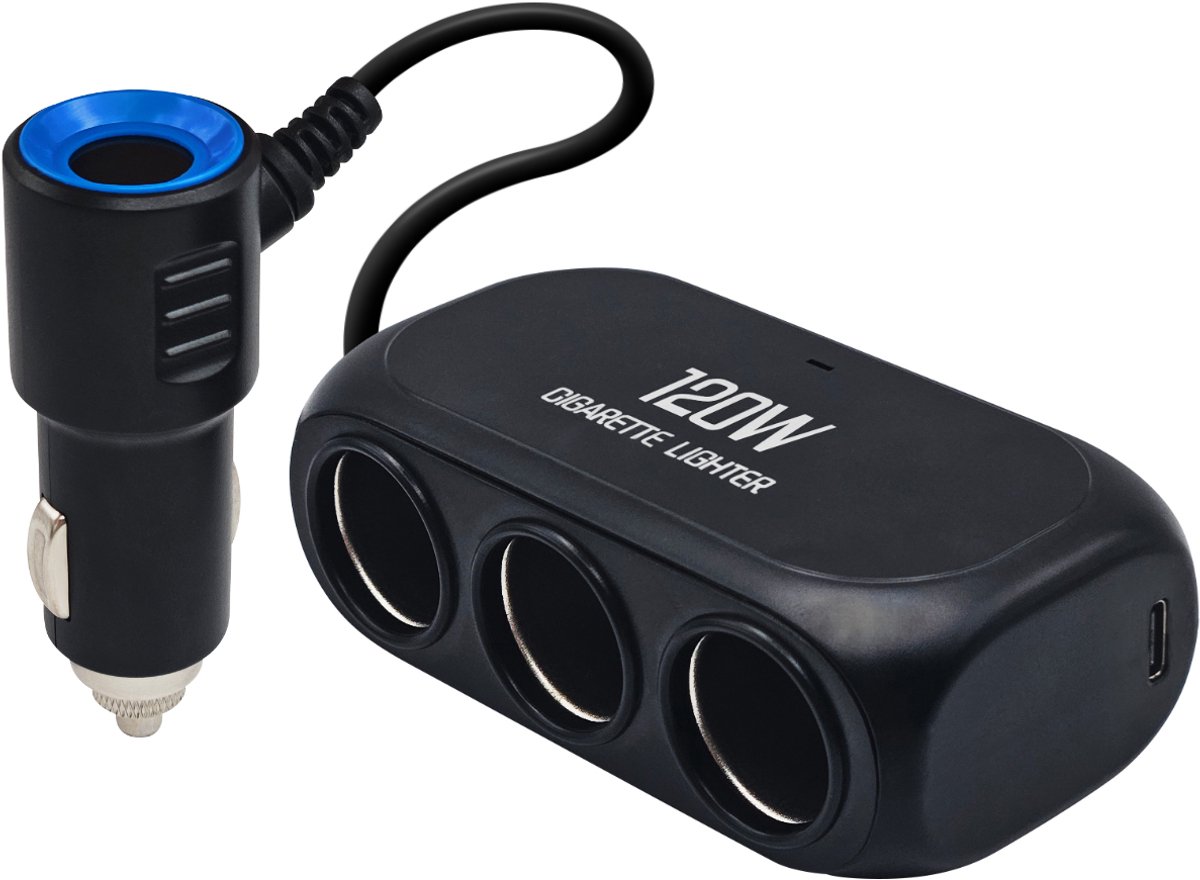 ProRide Auto Sigarettenaansteker Splitter 120W - 3x 12V stopcontacten - 2x USB poorten - USB-A/USB Type-C poort - Zwart