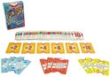 Spel Flip 7 met doos, kaartenstapel en losse kaarten. Gele kaarten met '+2', '+4', '+6', '+8', '+10'. Blauwe 'VAST' kaarten en rode 'TWEEDE KANS' kaarten.