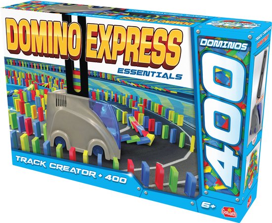 Doos met 'Domino Express Essentials Track Creator +400' dominos. Grijze "auto" met blauwe cabine en 400 kleurrijke dominos.