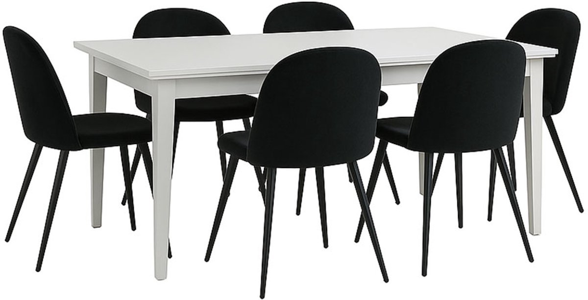 Venedig eethoek eettafel wit 95x180/276 met 2 stuks extra plaat 6 stoelen velours zwart.