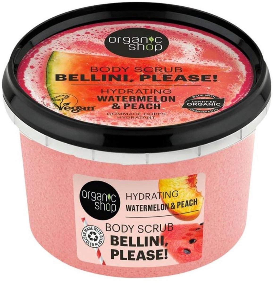 1 x Organic Shop - Body Scrub Watermelon & Peach - Hydratatie en Frisheid - 250 ml - Bodyscrub - Hydratatie - Exfoliatie - Fruitgeur - Watermeloen