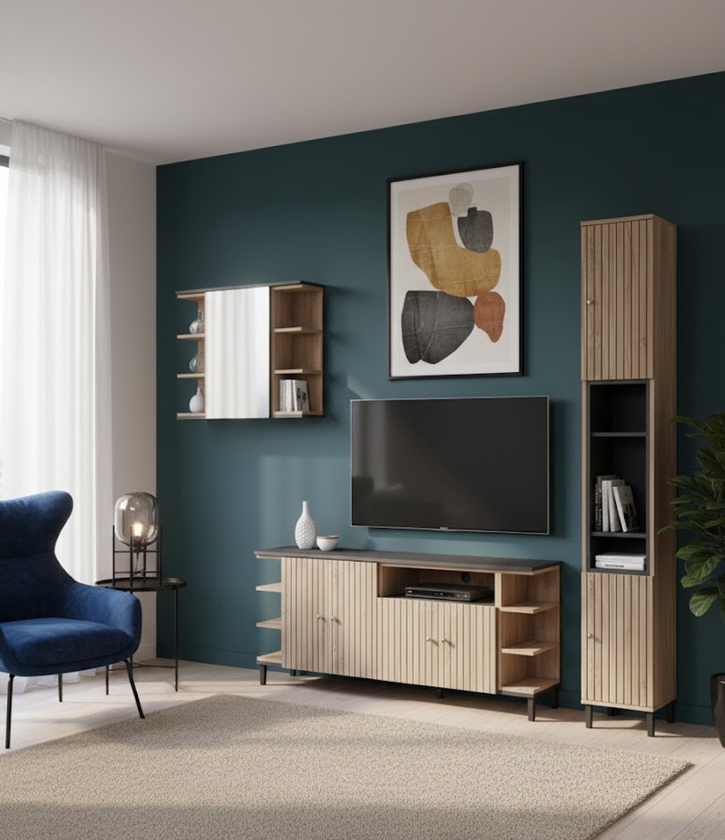Luxe 3-Delige Badkamermeubelset "Aquis Deluxe" – Sonoma Eiken & Antraciet – Inclusief Hoge Kast, Spiegelkast en Wastafelkast – Moderne Complete Badkamerkastenset met Metaalaccenten – Stijlvolle & Functionele Badkameroplossing