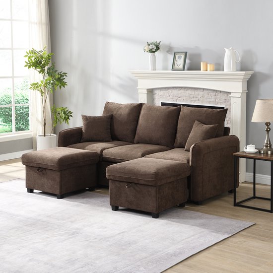 Canapé d'angle multifonctionnel en U trois places avec fonction de rangement - y compris tiroirs + repose-pieds avec compartiment de rangement - ensemble de canapé modulable démontable avec fonction couchage - revêtement chenille