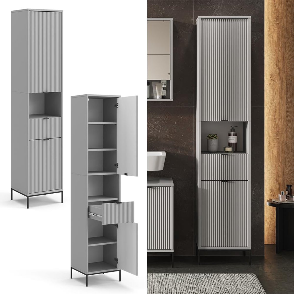 Luxe Badkamerkast “Eliza” – Hoge - 40x190 cm - Grijs - – Hoge Kolomkast Deuren & - Medahom