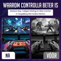 Vergelijking van de Controlla grip en stuurwiel (na) met losse Joy-Cons (vóór). Gameschermen worden getoond.