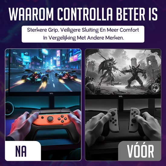 Vergelijking van de Controlla grip en stuurwiel (na) met losse Joy-Cons (vóór). Gameschermen worden getoond.