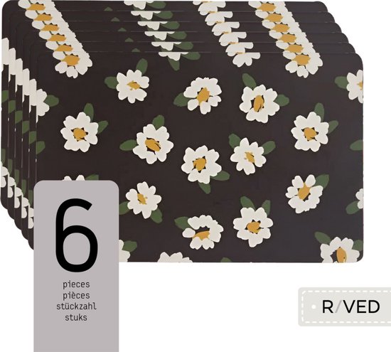 Raved Napperons Britt - Set de 6 pièces - Marguerites - Wit - Zwart - Table à manger - Sous-couche - Hydrofuge
