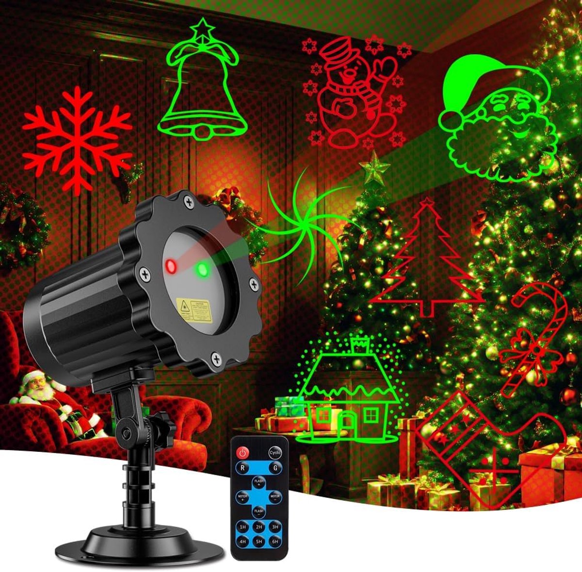 Kerstprojectorverlichting - Rode en groene laserprojector met vakantiepatroon - met afstandsbediening - Waterdicht - Decoraties voor binnen en buiten - Tien patronen - Inclusief kerstcadeau, feest, tuin, plafond, terras, muur, vloer