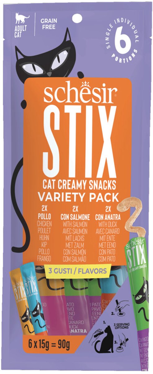 Schesir Kattensnack Stix Variatie-Pack - 12 x 6 x 15 gr - Voordeelverpakking