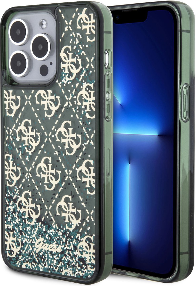 Guess Back Cover voor iPhone 15 Pro Max - Groen - Schokabsorberend - Liquid Glitter Design