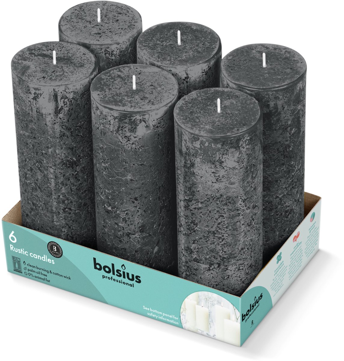 Bolsius Rustieke Stompkaarsen 190/68 - Stormy Grey - 6 stuks Grijs