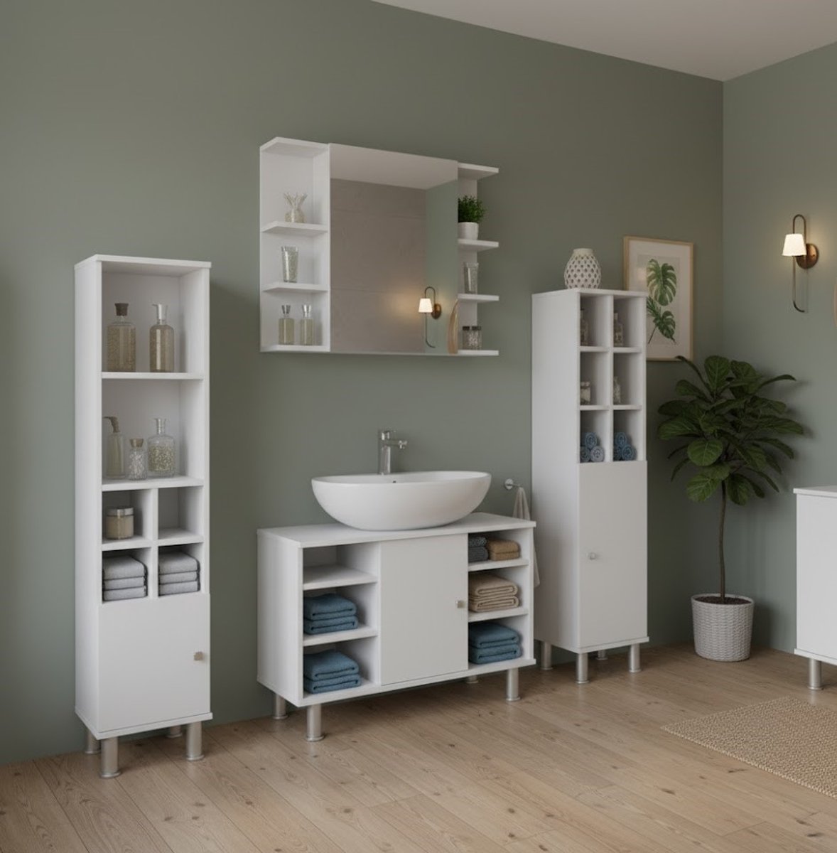 Luxe Badkamermeubelset Fynn – Wit Hoogglans – 4-Delig – Inclusief Spiegelkast, Hoge Kast & Midi Kasten – Moderne Badkamerkastenset met Soft-Close & Opbergruimte