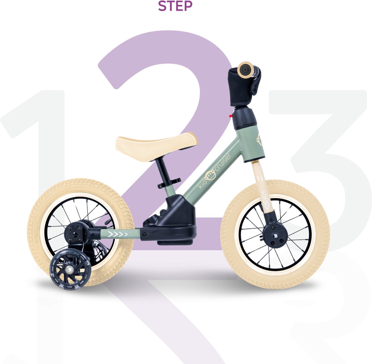 Kidcruiser Loopfiets 2+ jaar - Optioneel met LED Zijwieltjes & Trappers - 3-in-1 Kinderfiets - 12 inch – Zacht Groen & Creme wit – Modulair Design — afbeelding 7