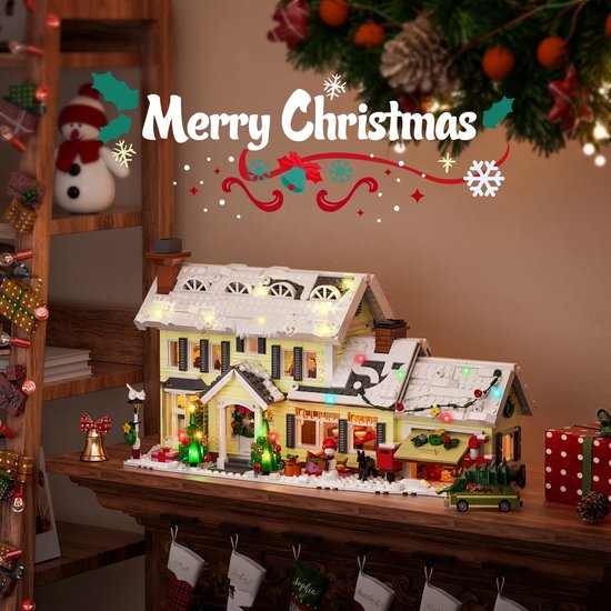 Bibeenah Kersthuisjes – Bouwstenen Kersthuis met Verlichting en Sneeuwdorp met Clark’s Auto – Creatief Kerstspeelgoed voor Kinderen & Gezinnen – Feestelijke Miniatuur Decoratie