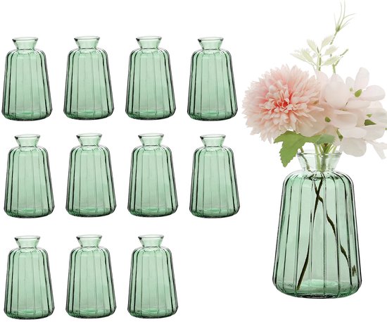 Unyqoos® Set van 12 vintage mini glazen vazen voor sfeervolle tafeldecoratie