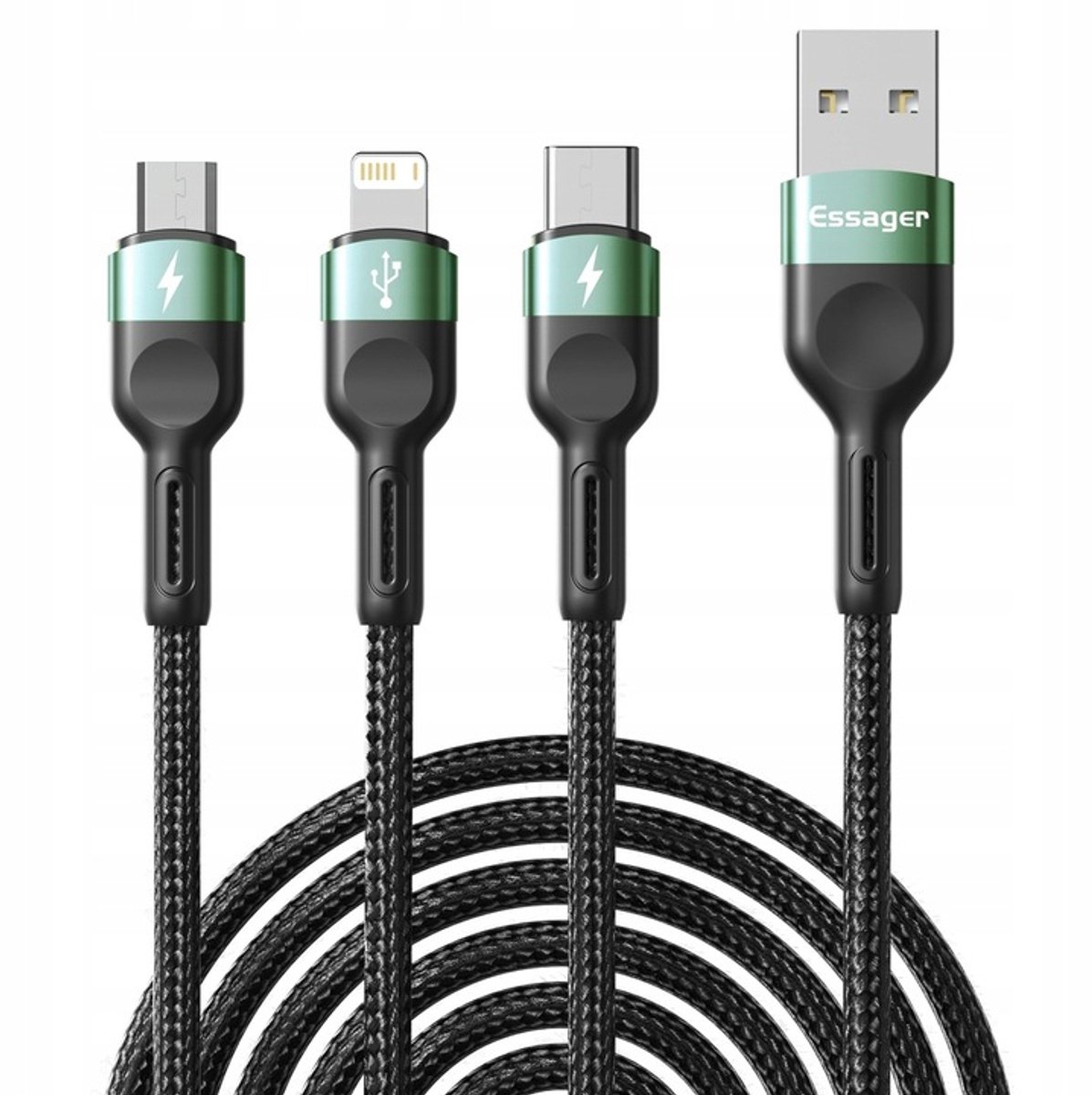 Essager 3-in-1 Kabel USB-C Micro Lightning 3A Zwart/Groen 1,2m