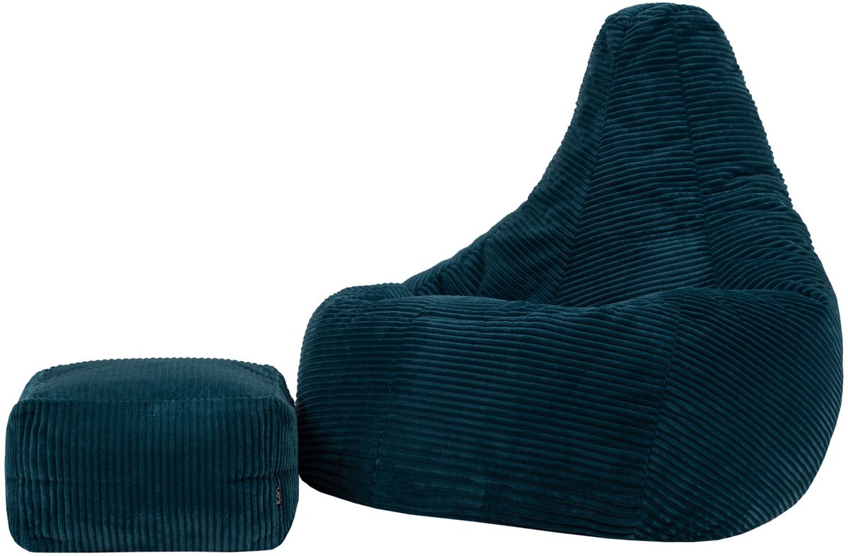 Icon Dalton XL Zitzak Fauteuil met Poef - Gaming - Ribfluweel - Blauwgroen