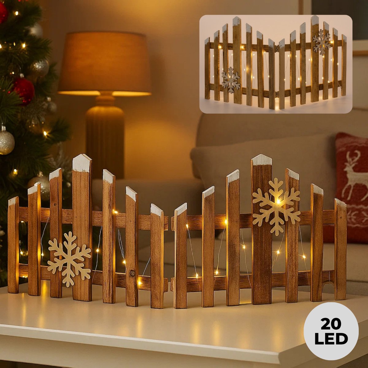 Lomera Kersthek met LED Verlichting - Houten Kersthek - Kerstdorp - Warm Witte LED - Automatische Timer - Werkt op Batterijen - Binnenshuis Gebruik - Decoratieve Omheining - Kerstversiering - Houten Decoratie - Sfeerverlichting