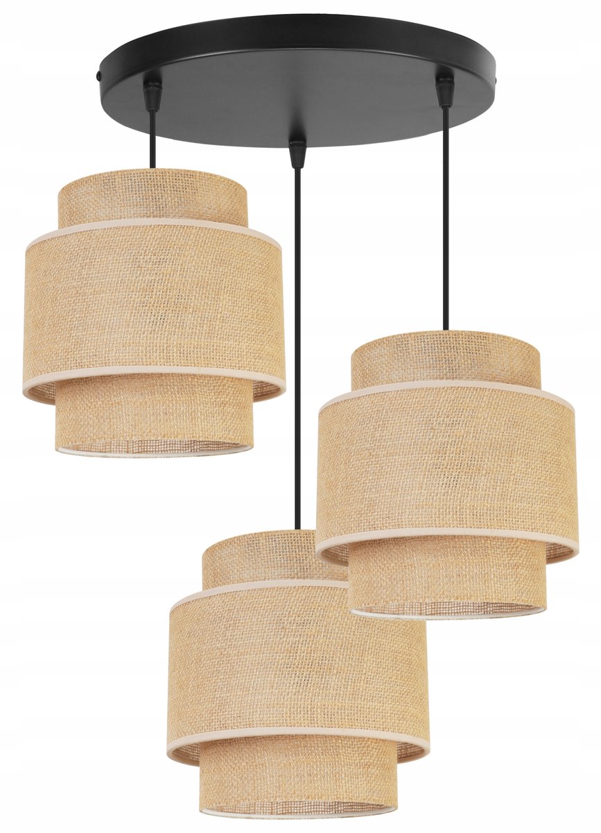 Boho jute hanglamp - 3 lichtpunten - zwart/beige