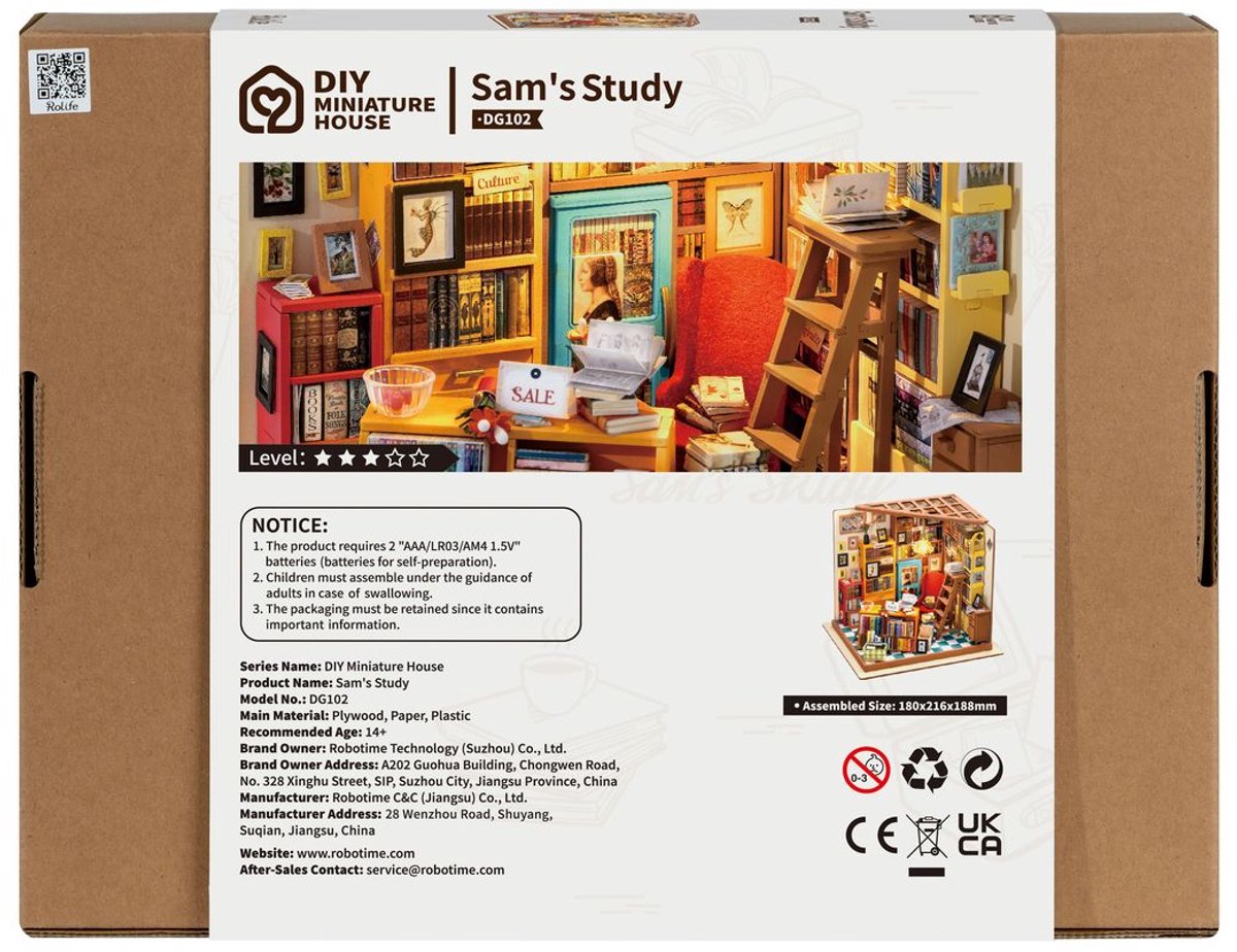 Robotime modelbouw Miniatuur bouwpakket Sam's Study hout/papier/kunststof - 190mm hoog x 225mm breed x 185mm diep - met lampje — afbeelding 9