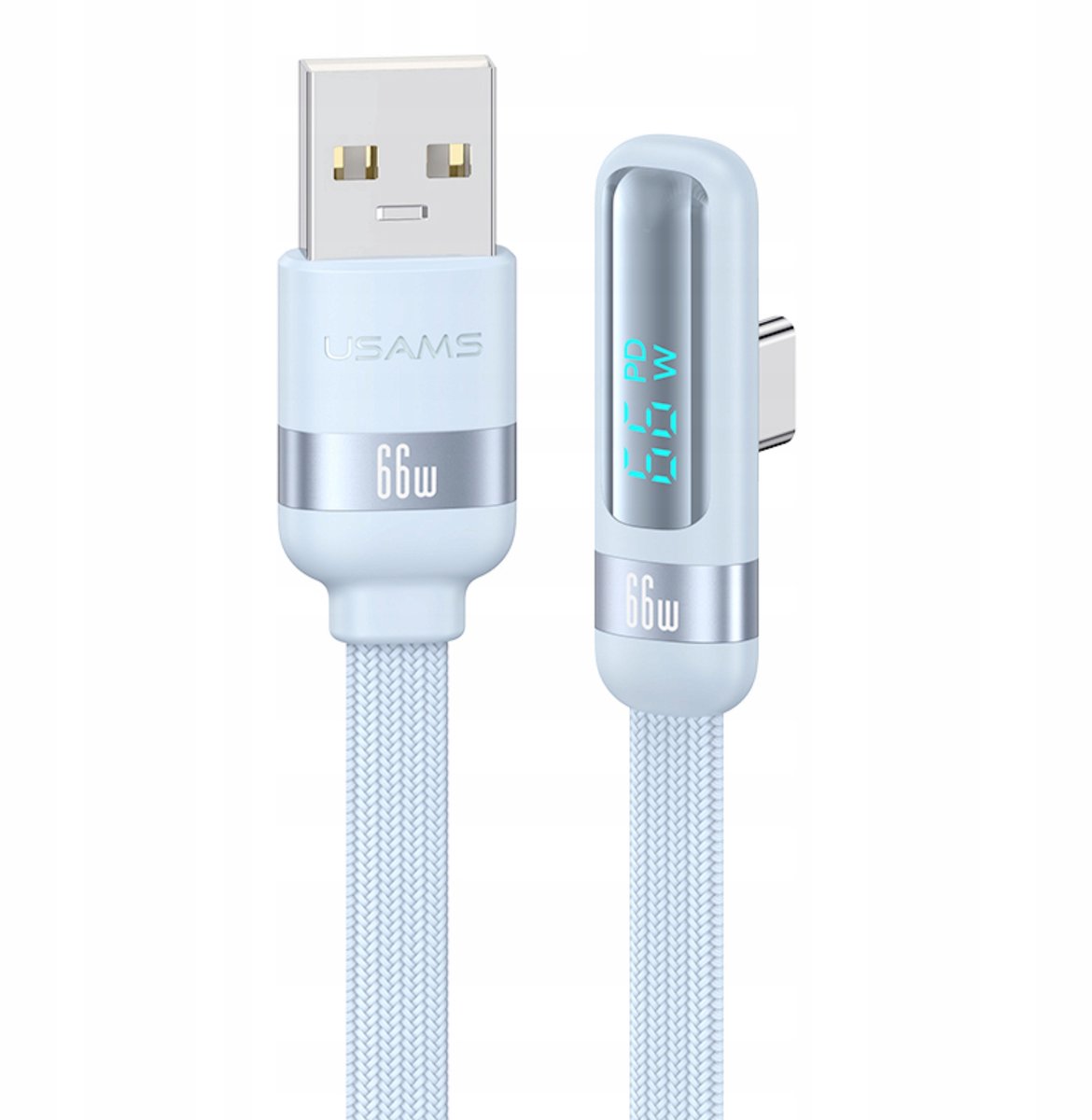 P4Y USB-C Kabel 66W 1,2m Blauw met Digitaal Display en L-stekker