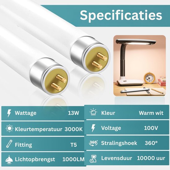 Twee T5 tl-buizen met 13W, 3000K warm wit licht, 360° stralingshoek, 1000LM lichtopbrengst en 10000 uur levensduur.