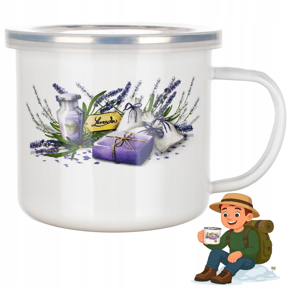 Banket Lavendel Emaille Mok met Deksel 0,5L - Camping & Keuken